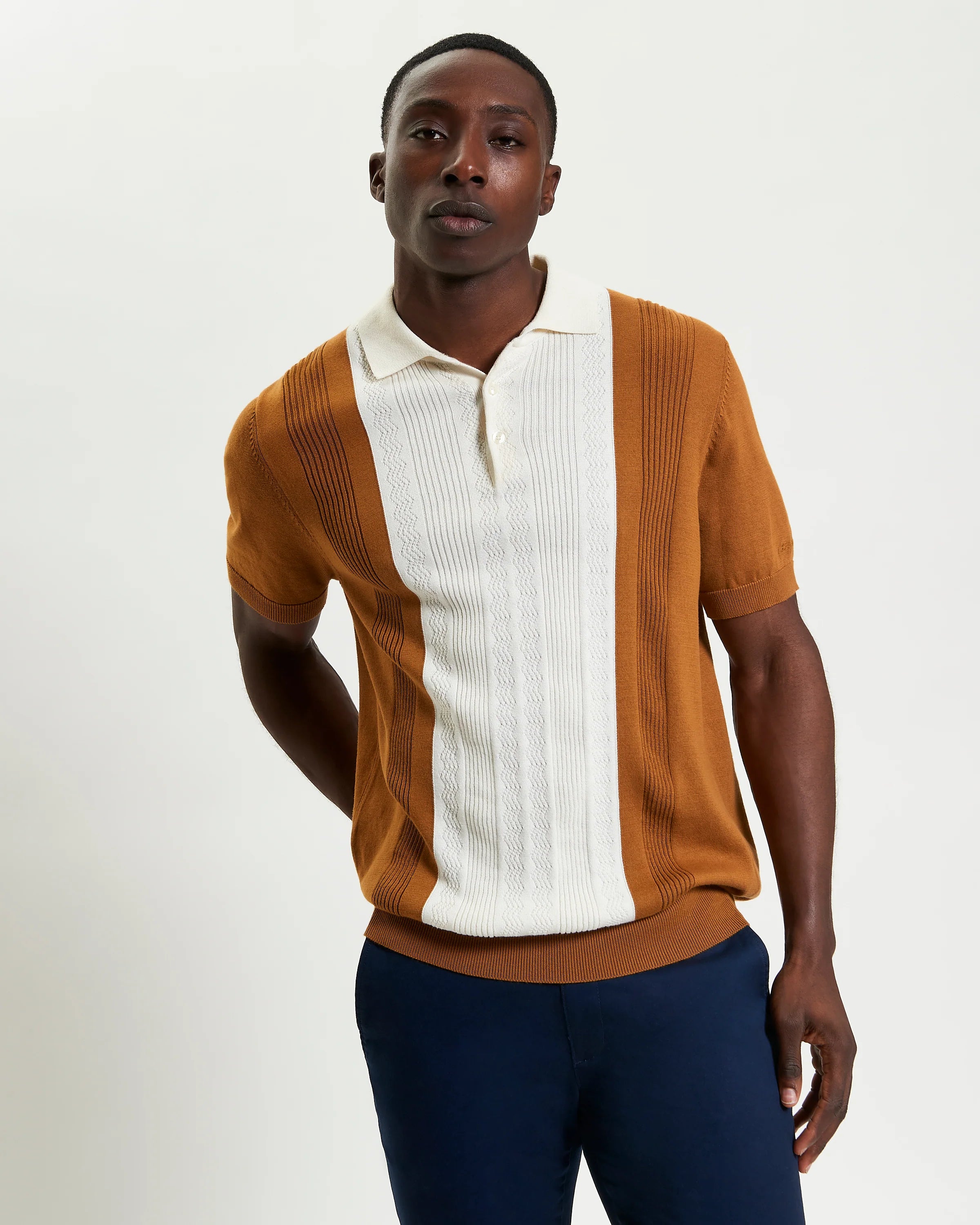Ben Sherman Textured Block Knit Polo - Caramel - Mitchell McCabe Menswear