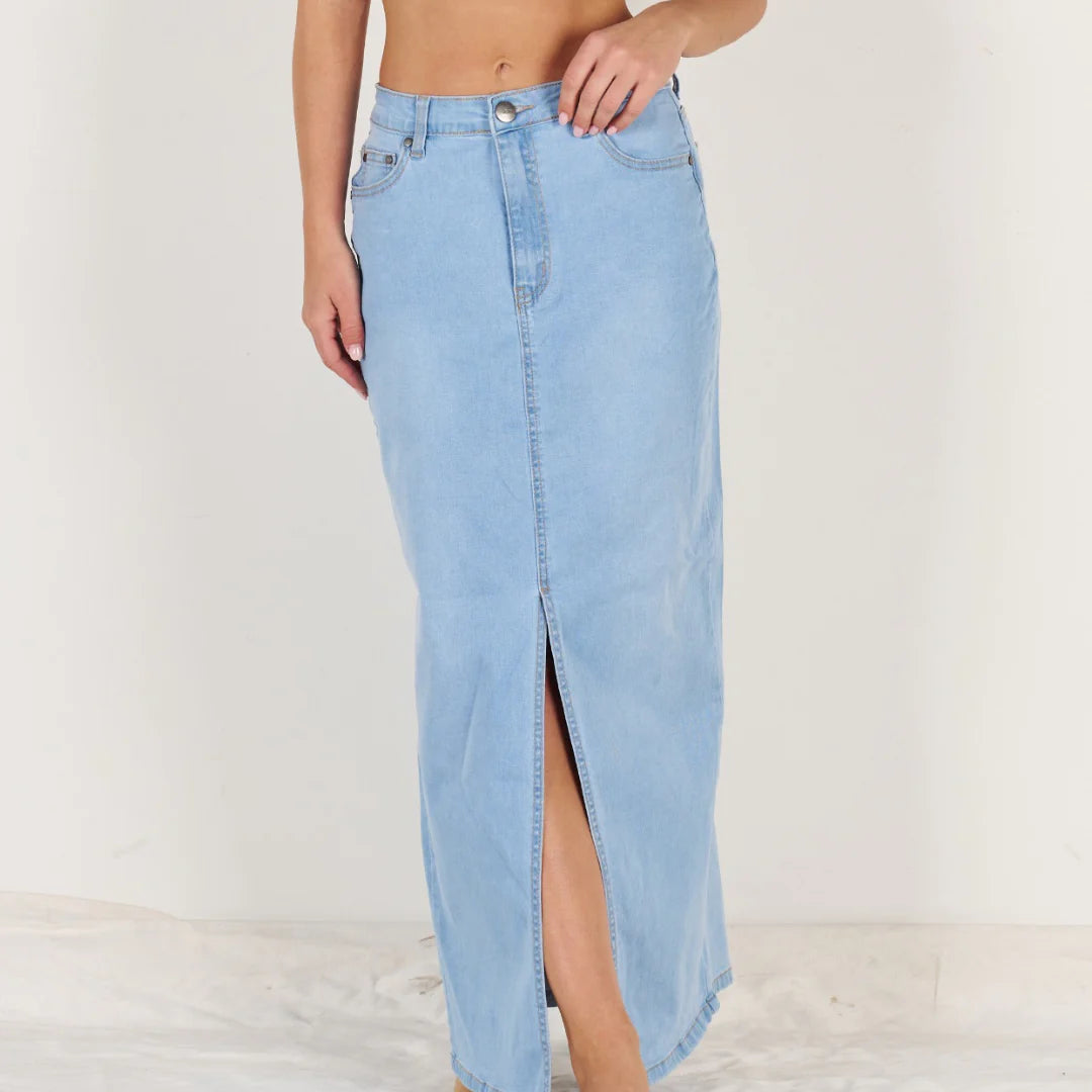 Wakee Denim Maxi Skirt in Light Blue