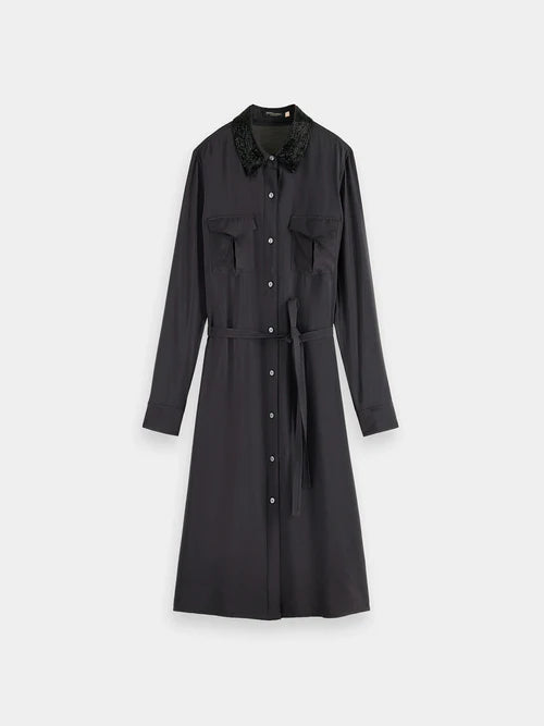 Scotch and Soda Woman Beaded Collar Midi Shirt Dress - Black
