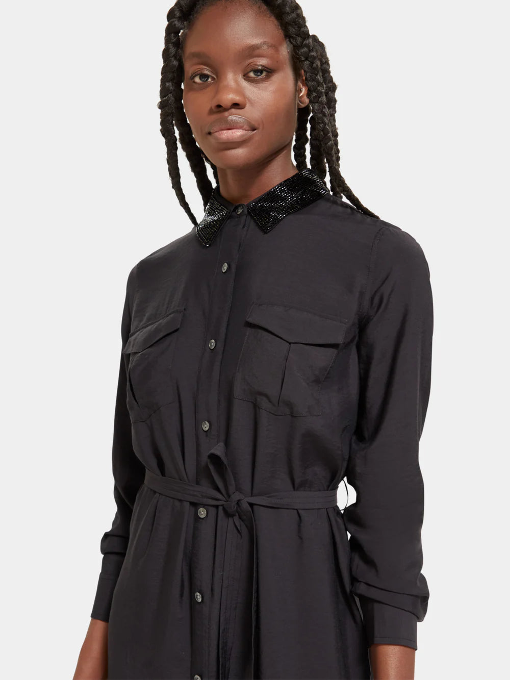 Scotch and Soda Woman Beaded Collar Midi Shirt Dress - Black