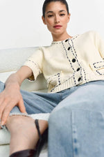 Load image into Gallery viewer, Rich and Royal Cropped Mango Yarn Cardigan with Contrast Stitch - Pearl White
