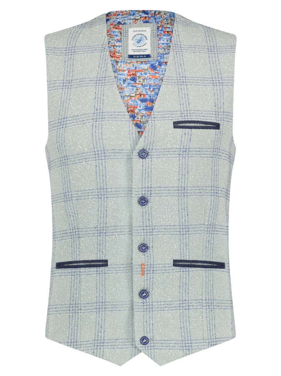 A Fish Named Fred - Linen Check Vest in Grey/Blue