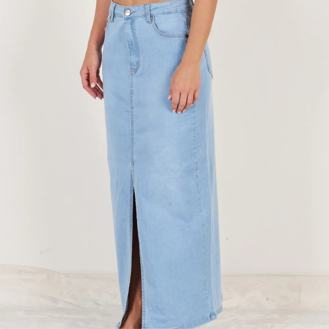 Wakee Denim Maxi Skirt in Light Blue