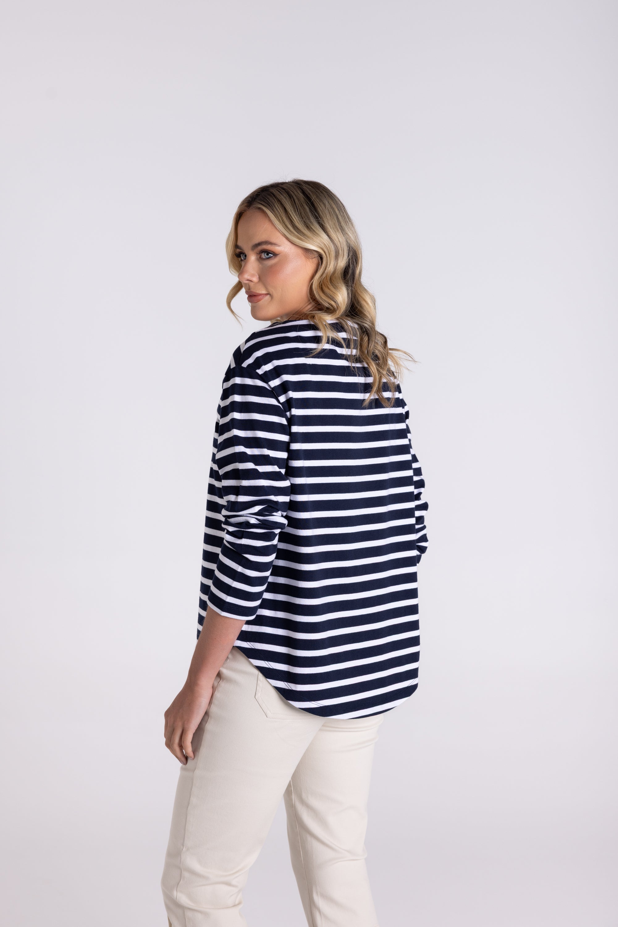 Two T's Stripe Boat Neck 7/8 Sleeve Shirt - Navy/White