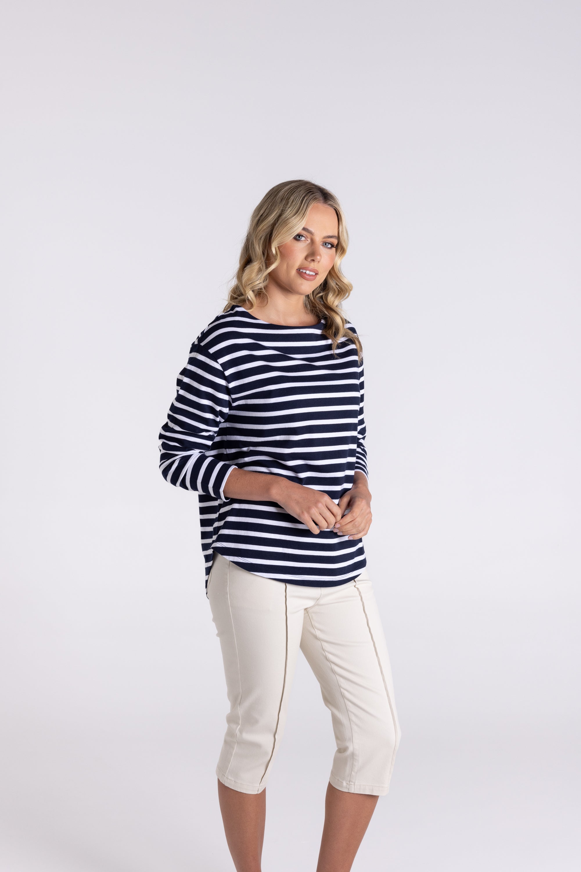 Two T's Stripe Boat Neck 7/8 Sleeve Shirt - Navy/White