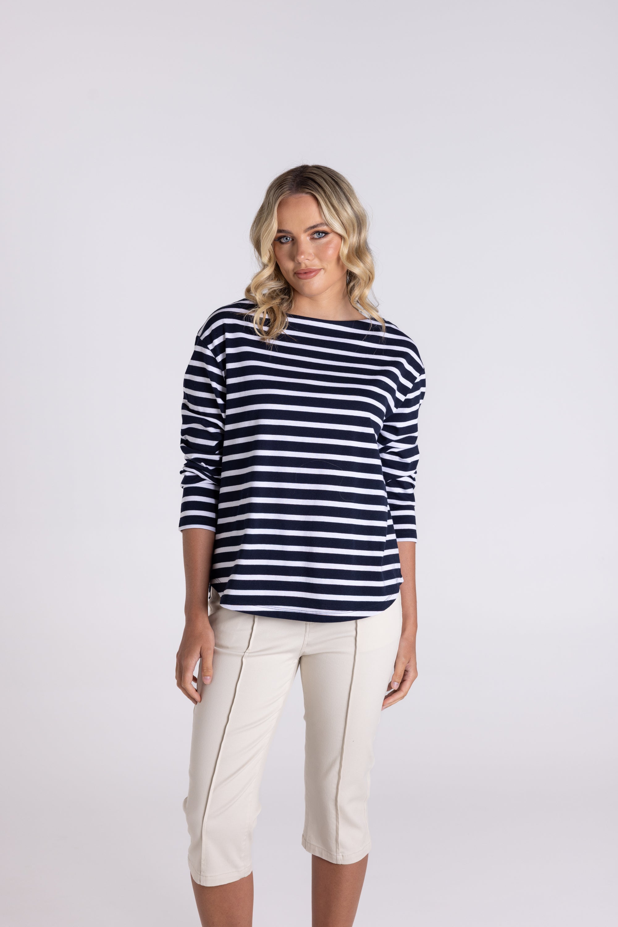 Two T's Stripe Boat Neck 7/8 Sleeve Shirt - Navy/White