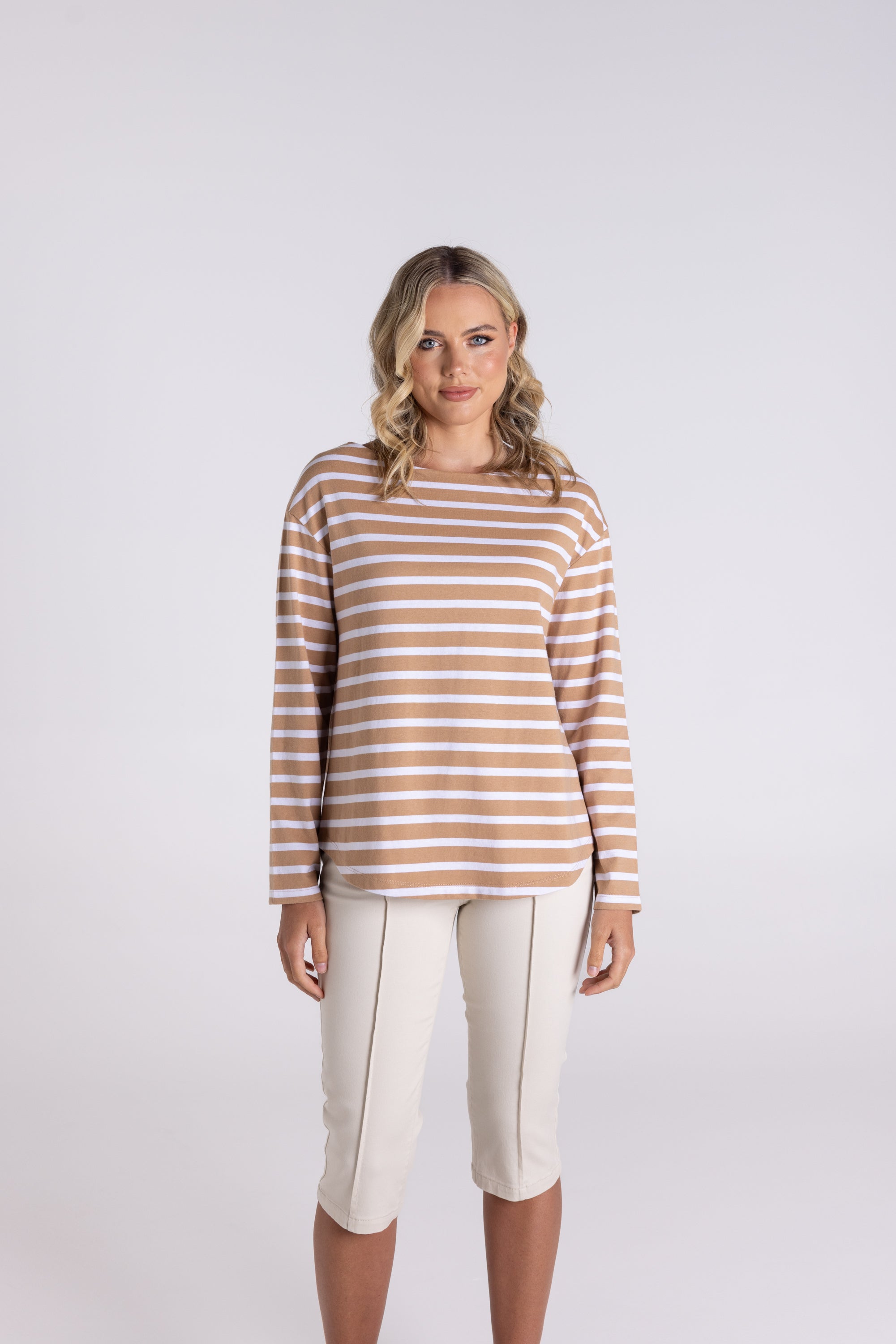 Two T's Stripe Boat Neck 7/8 Sleeve Shirt - Sand/White