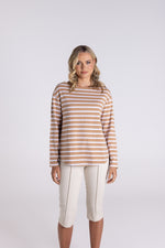 Load image into Gallery viewer, Two T&#39;s Stripe Boat Neck 7/8 Sleeve Shirt - Sand/White
