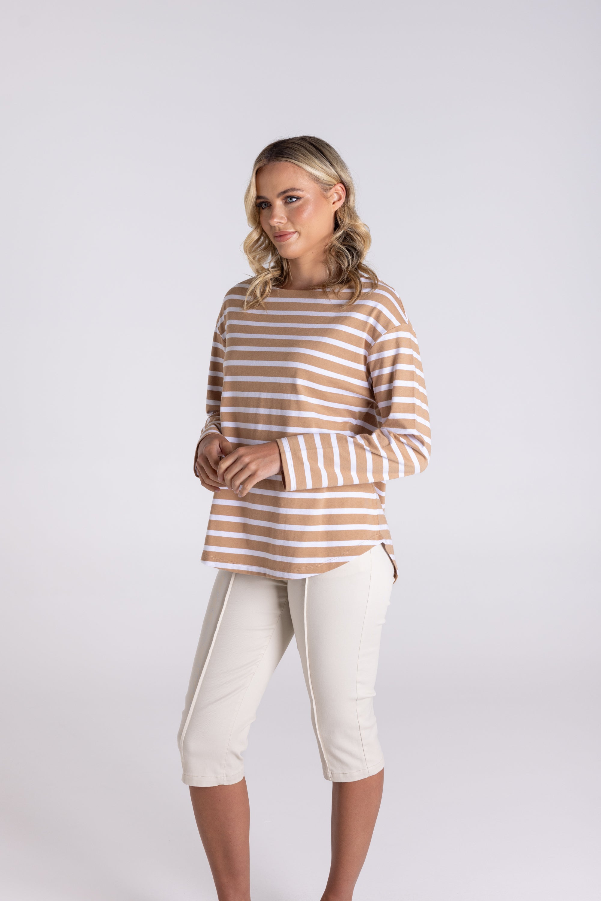 Two T's Stripe Boat Neck 7/8 Sleeve Shirt - Sand/White