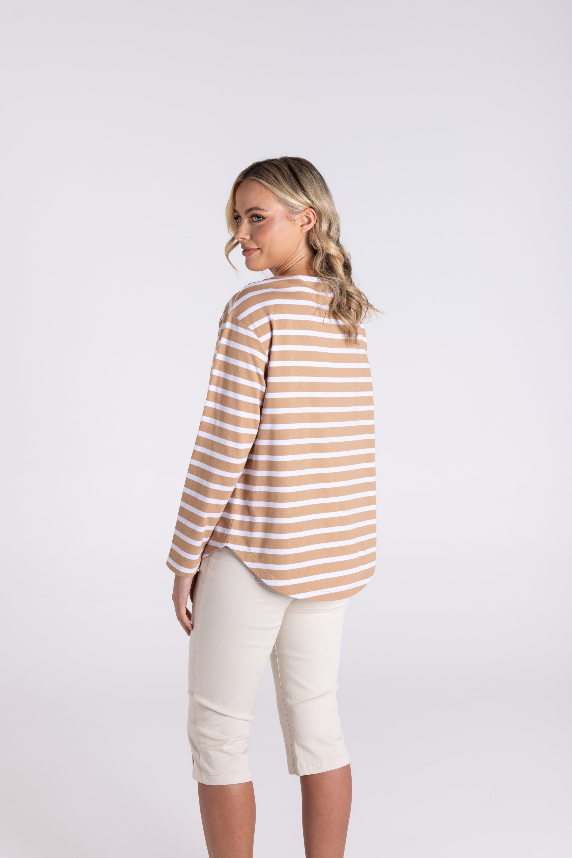 Two T's Stripe Boat Neck 7/8 Sleeve Shirt - Sand/White