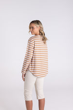 Load image into Gallery viewer, Two T&#39;s Stripe Boat Neck 7/8 Sleeve Shirt - Sand/White
