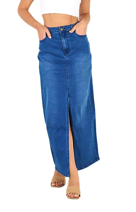 Wakee Denim Maxi Skirt in Blue