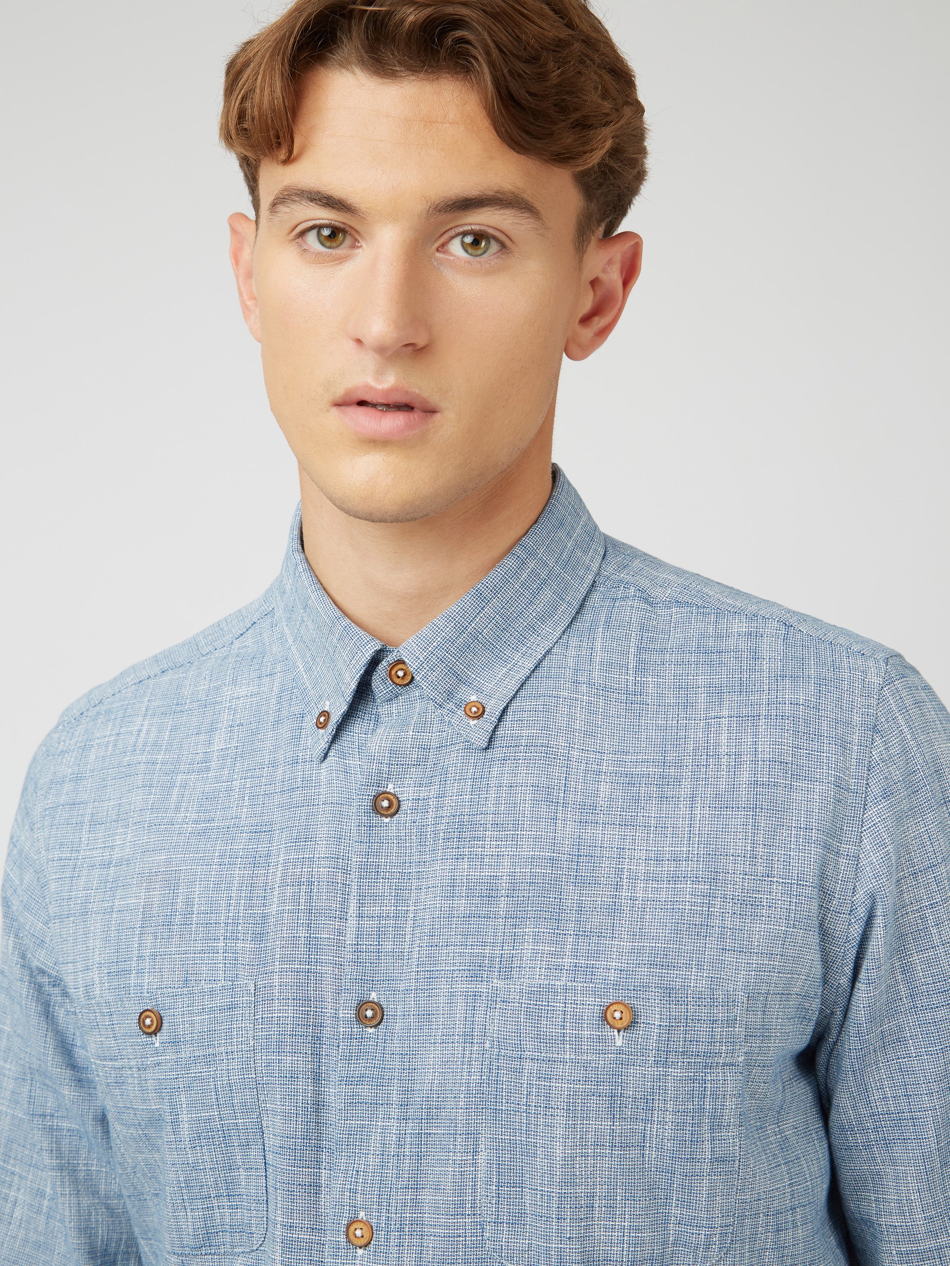 Ben Sherman Textured Plain Shirt - Blue Denim