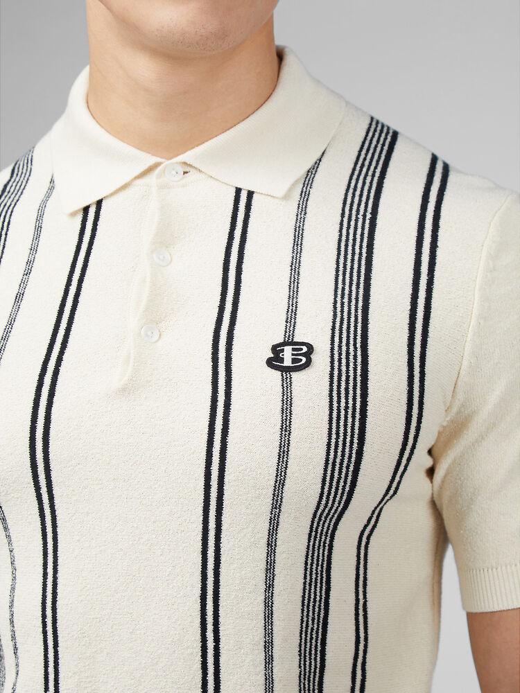 Ben Sherman Crinkle Cotton Stripe Knit Polo - Ivory