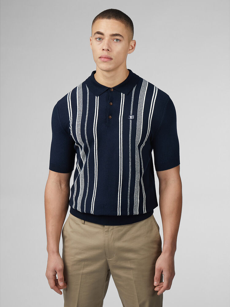 Ben Sherman Crinkle Cotton Stripe Knit Polo - Dark Navy