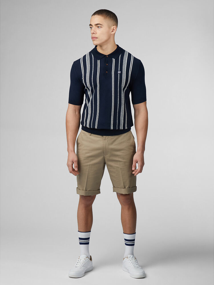 Ben Sherman Crinkle Cotton Stripe Knit Polo - Dark Navy