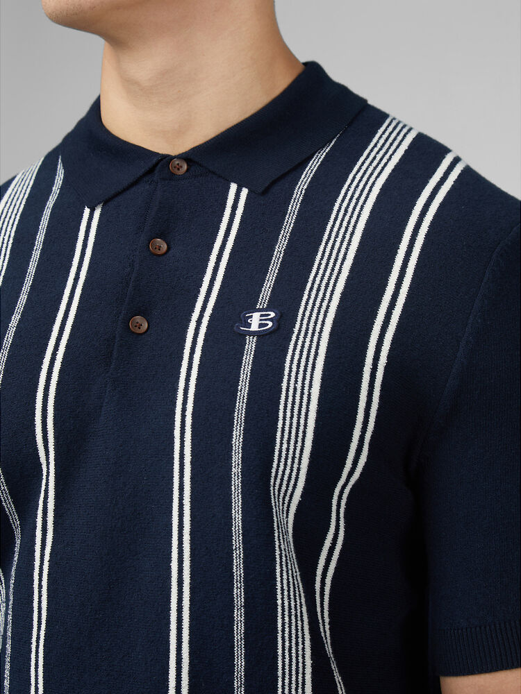 Ben Sherman Crinkle Cotton Stripe Knit Polo - Dark Navy