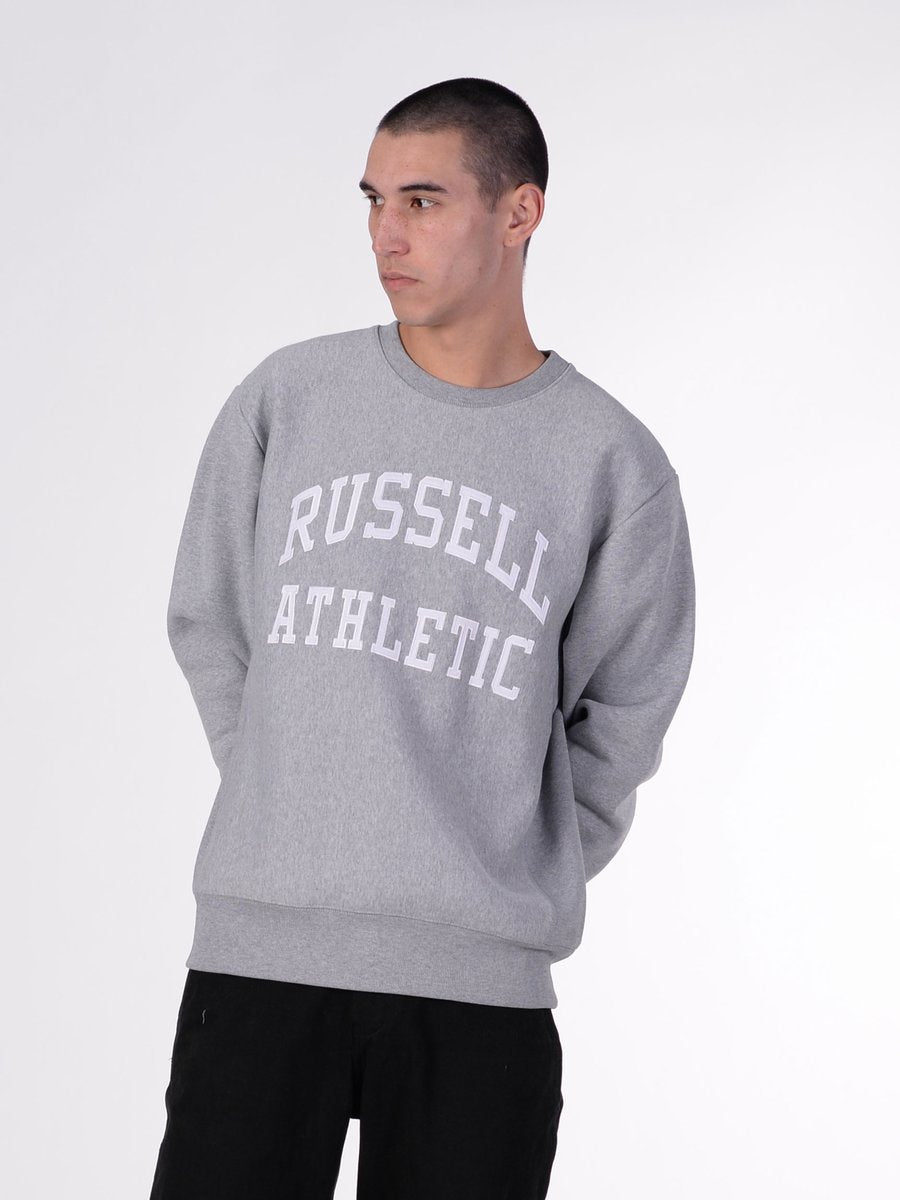 Russell Athletic Premium R Applique Arch Brand Crew Sweat in Grey Marl - Mitchell McCabe Menswear