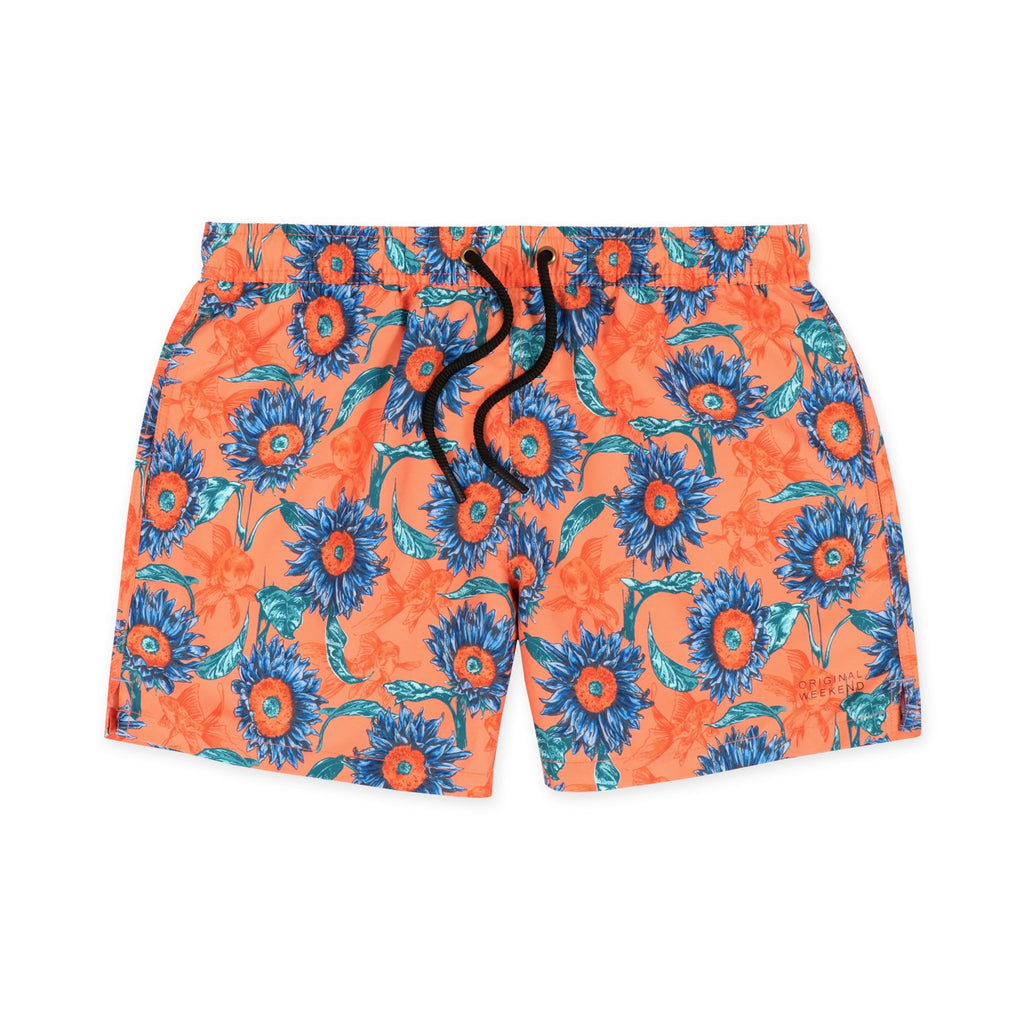 Original Weekend Swim Shorts - Sun Flower Print in Orange - Mitchell McCabe Menswear
